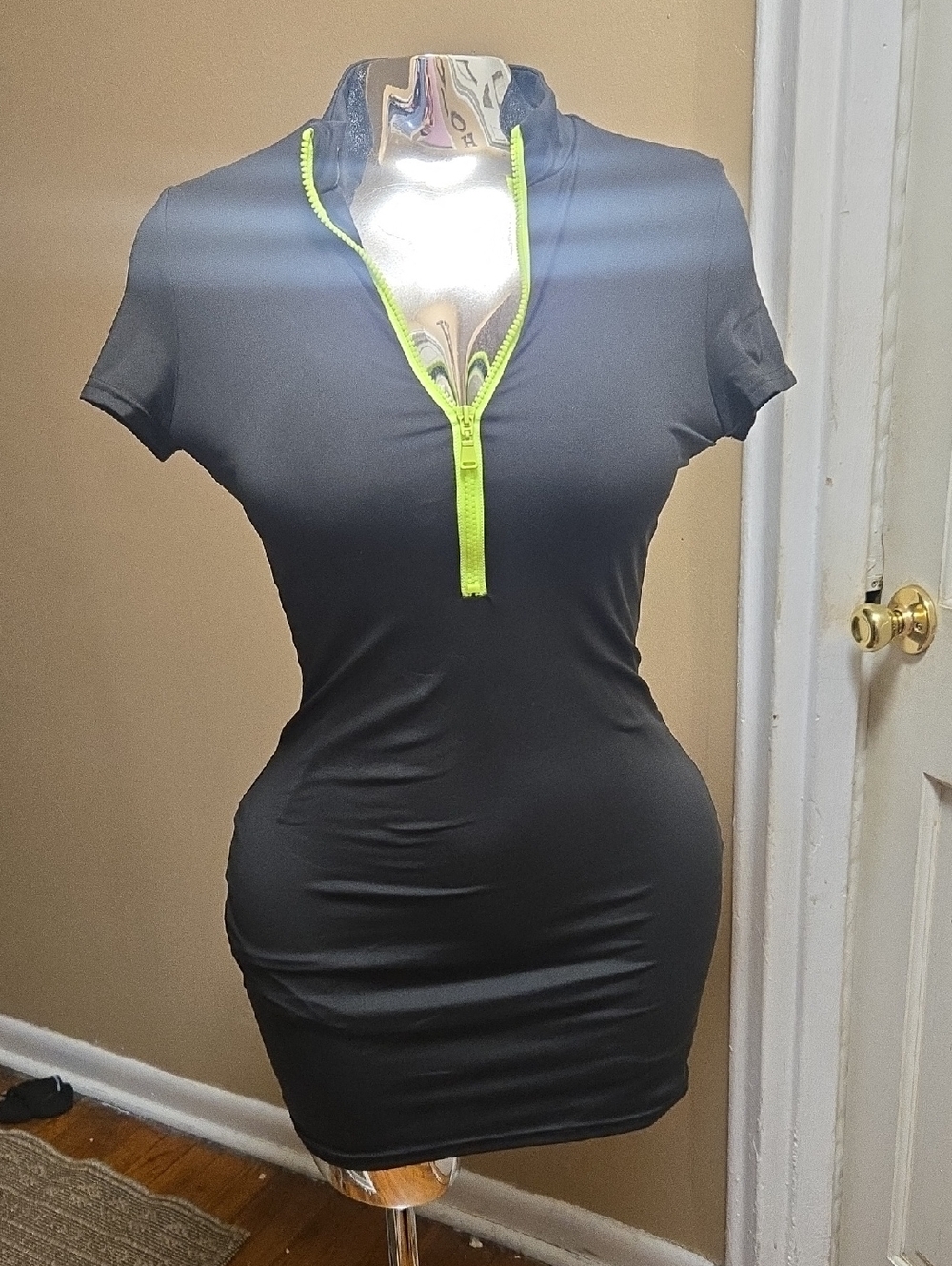 Black Zip-Front Mini Dress with Neon Green Center Zip
